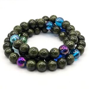 Green Serpentine 10mm Bead Stretch Wrap Bracelet with Iridescent Glass Accents